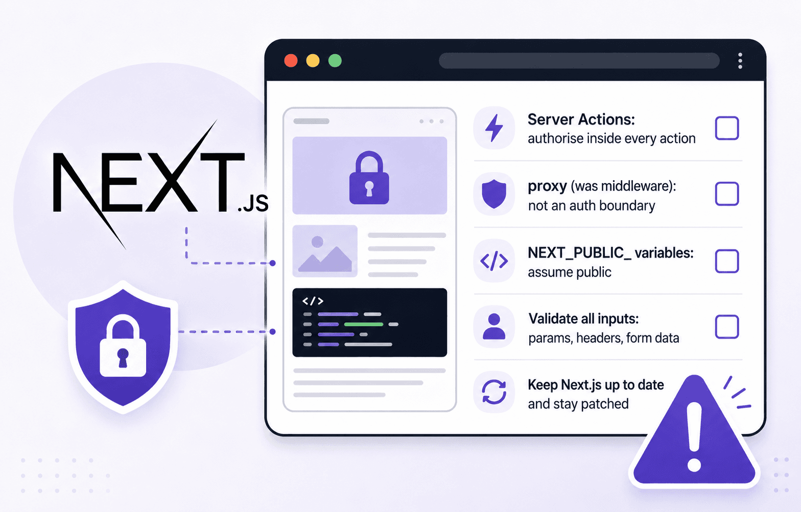 The Next.js wordmark beside a browser window and a five item security checklist covering Server Actions, proxy, public environment variables, input validation and staying patched