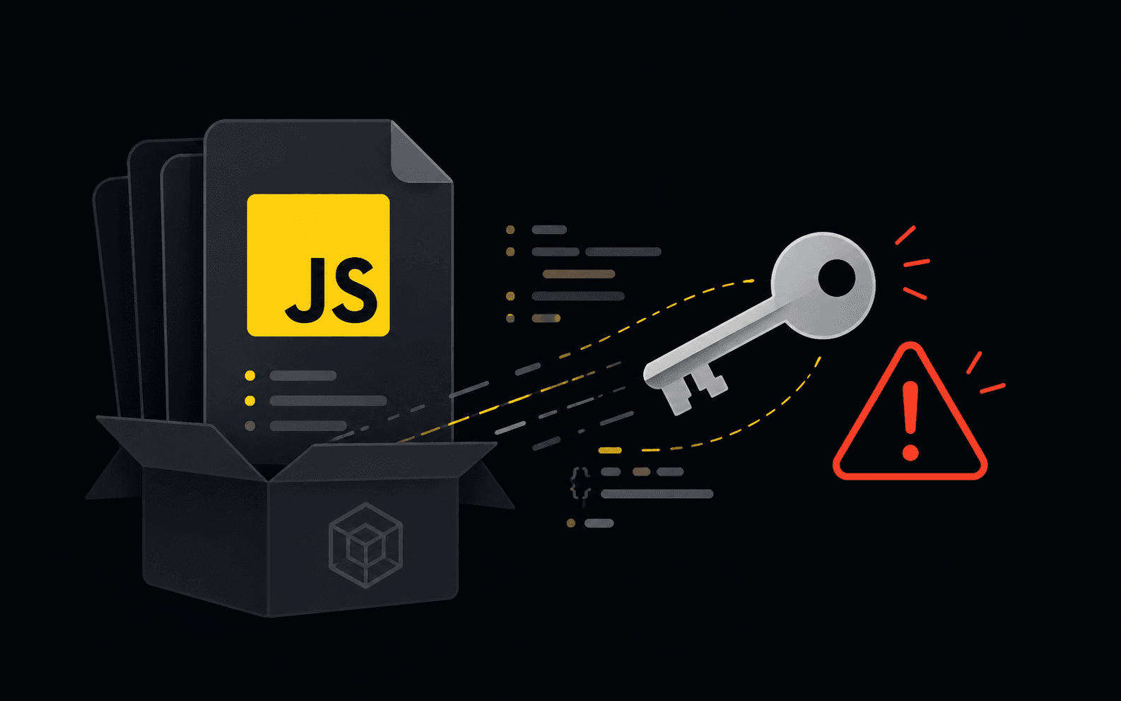 A JavaScript file being unpacked from a bundle with a key escaping from it and a red warning sign